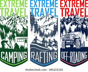 set of vector travel flayer illustration - camping, 4x4 off-roading and whitewater rafting