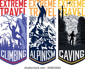 set of vector travel flayer template illustration -  caving, climbing, alpinism mountaineering