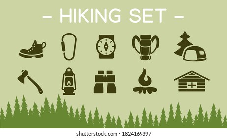 set of vector travel hiking icons on forest horizon background. Camping and recreation icon set