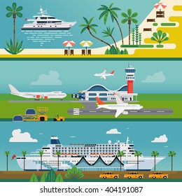 Conjunto de banners de sitios web horizontales de viajes vectoriales. Viaje de verano y turismo. Paisajes de crucero horizontales de vacaciones. charter privado de lujo, puerto de crucero, aeropuerto