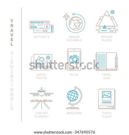 Set of vector travel icons and concepts in mono thin line style