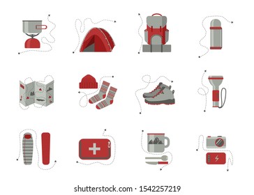 Set of vector travel icons. Red and gray travel accessories. Camping tent, gas burner, backpack, thermos, map, warm clothes, hiking boots, flashlight, first aid kit, camera, cup, sleeping bag