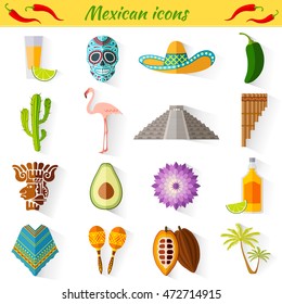 Set of vector travel Mexican icons. Collection of famous symbols and design elements in Mexican style.