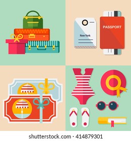 Set of vector travel signs: summer vacation, beach rest, sun, sea, mask, hat, suitcases, clothes, shoes, passport, tickets, book. Vector flat background and objects illustrations