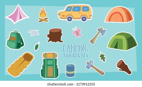 Set of vector travelling and camping sticker collection.