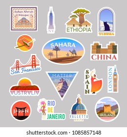 Set of vector travelling stickers. Around the world. Collection include, Turkey, the USA, Ethiopia, Tunisia, the Sahara, China, Spain, the UK, Ireland, Australia, Brazil, Malta, Japan.