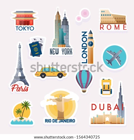 Set of vector travelling stickers. Stickers and elements set with landmarks of the world.