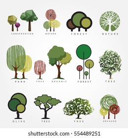Set of vector tree illustration. Geometric, stylized, hand drawn and polygonal style tree illustrations, label, logo, icon, nature, eco, green, organic, outdoors design.