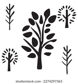 Set of vector tree motifs in low brow style. Collection of monochrome woodland forest icons. 