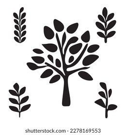 Set of vector tree motifs in low brow style. Collection of monochrome woodland forest icons. 