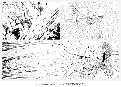 Set of vector tree rings and surfaces trace background in black white and saw cut tree trunk. Grunge nature background design elements set. 