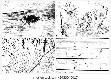 Set of vector tree rings and surfaces trace background in black white and saw cut tree trunk. Grunge nature background design elements set. 