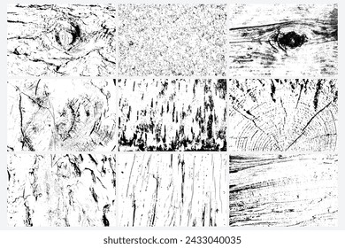 Set of vector tree rings and surfaces trace background in black white and saw cut tree trunk. Grunge nature background design elements set. 