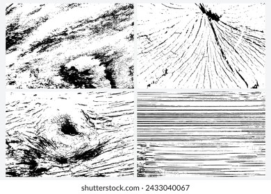 Set of vector tree rings and surfaces trace background in black white and saw cut tree trunk. Grunge nature background design elements set. 