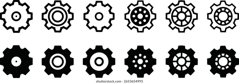 Set of vector tree silhouettes alongside an illustration of industrial cogwheel gears and machine power work	