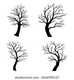 Conjunto de silhuetas de árvore vetorial com ramos e folhas no projeto da natureza
