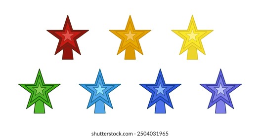 Establecer estrellas de topper de árbol de Vector para el árbol de Navidad en colores del arco iris. Estrellas decoradas aisladas para el árbol. Diseño tradicional decorativo en colores diferentes para la parte superior del árbol de pino de Navidad.