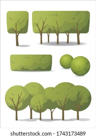 Set of vector trees in carton style. Green trees and bushes with different crown shapes.