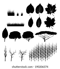 set of vector trees and leaves and grass.Vector Leaves.Leaves Background.Vector Isolated Tree.Tree Isolated.Natural Vector.Maple Vector.Grass vector.Grass.Grass Isolated.Grass Illustration.Black.White