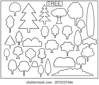 Set of vector trees. Line art style. Simple shapes.