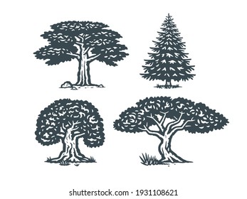 A set of vector trees. Monochrome version.