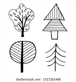 Set of vector trees in scandinavian style. Elements are located on white background. For design of patterns, cards, stickers, interior posters