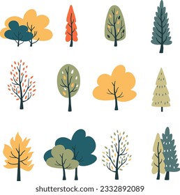 Satz von Vektorbäumen im skandinavischen Stil. Herbstbäume und Weihnachtsbäume auf weißem Hintergrund. Einfache Vektorgrafik 