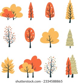 Set of vector trees in Scandinavian style. Autumn trees and Christmas trees on white background. Simple vector illustration . Vector illustration