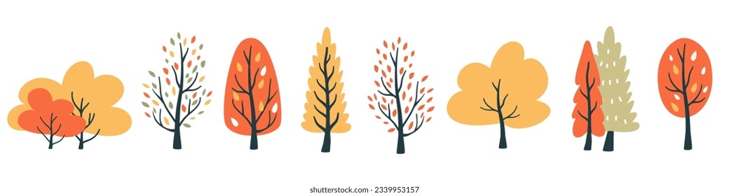 Set of vector trees in Scandinavian style. Autumn trees and Christmas trees on white background. Simple vector illustration . Vector illustration