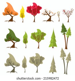 Set of vector trees. spring, summer, autumn trees. trees in the night light. vector illustration.