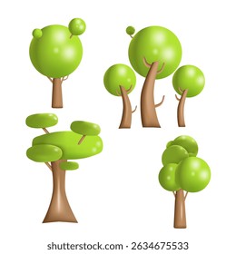 Set of vector trees with volumetric crowns in 3D style. Bright and minimalistic graphics with green crowns and brown trunk and branches. The element is ideal for design, infographics, games, children'