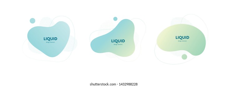 Set of vector trendy abstract amoeba banner. Pastel color cian, blue, green gradient in liquid style frame on white background. Modern design element of a poster, logo, flyer of presentation, card.