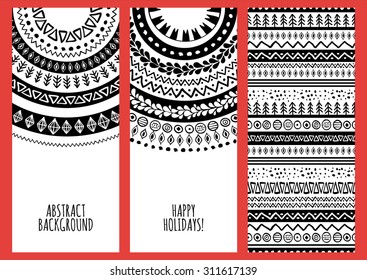 Set of vector trendy banners with hand drawn doodle ornament background. Tribal black and white seamless pattern. Design concept for greeting card, brochure, flyer, label.