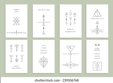 Set of vector trendy cards with geometric icons. Alchemy symbols collection. Religion, philosophy, spirituality, occultism.