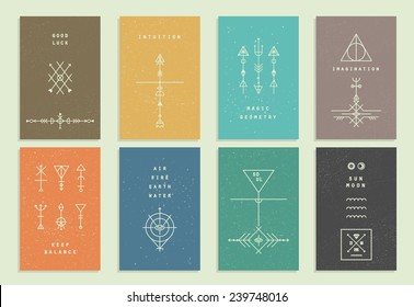 Set of vector trendy cards with geometric icons. Alchemy symbols collection. Religion, philosophy, spirituality, occultism.