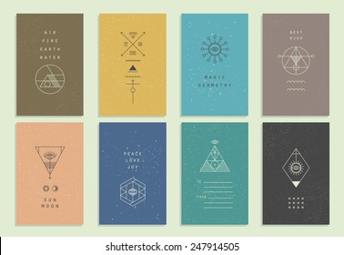 Set of vector trendy cards with geometric icons. Alchemy symbols collection. Religion, philosophy, spirituality, occultism.