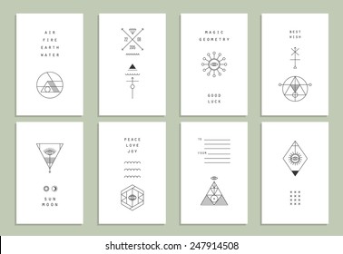 Set of vector trendy cards with geometric icons. Alchemy symbols collection. Religion, philosophy, spirituality, occultism.