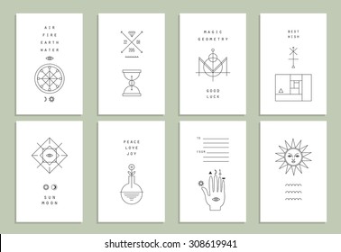 Set of vector trendy cards with geometric icons. Alchemy symbols collection. Religion, philosophy, spirituality, occultism.