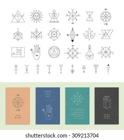 Set of vector trendy cards with geometric icons. Alchemy symbols collection. Religion, philosophy, spirituality, occultism.