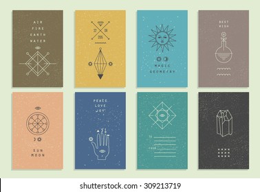 Set of vector trendy cards with geometric icons. Alchemy symbols collection. Religion, philosophy, spirituality, occultism.