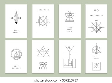 Set of vector trendy cards with geometric icons. Alchemy symbols collection. Religion, philosophy, spirituality, occultism.