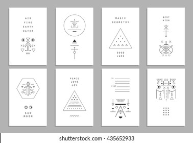 Set of vector trendy cards with geometric icons. Alchemy symbols collection. Religion, philosophy, spirituality, occultism.