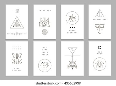 Set of vector trendy cards with geometric icons. Alchemy symbols collection. Religion, philosophy, spirituality, occultism.