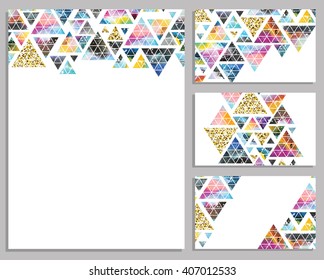 Set of vector trendy cards. Cards with triangles.  Design set. Business cards collection. Vector illustrations. Galaxy modern ornament.