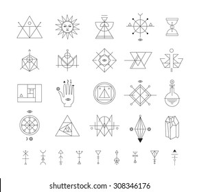 Set of vector trendy geometric icons. Alchemy symbols collection. Religion, philosophy, spirituality, occultism.