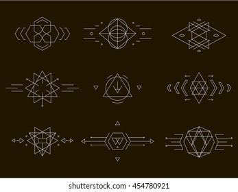 Set of vector trendy geometric icons. Set geometric signs, labels, and frames. Triangles. Line design elements, vector illustration. Trendy hipster logotypes.