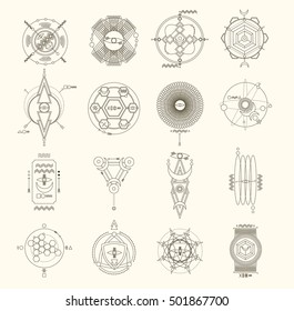 Set of vector trendy geometric icons. Sacred and alchemy symbols collection. Religion, philosophy, spirituality, occultism signs. For cover, poster, flyer, logo, print design
