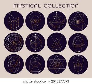 Set of vector trendy geometric line icons. Symbols collection. Religion, philosophy, spirituality, occultism.