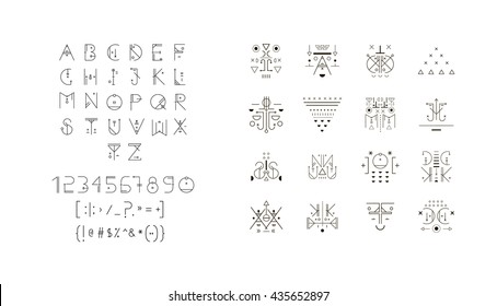 Set of vector trendy icons plus unusual geometric alphabet. Alchemy symbols collection. Religion, philosophy, spirituality, occultism.