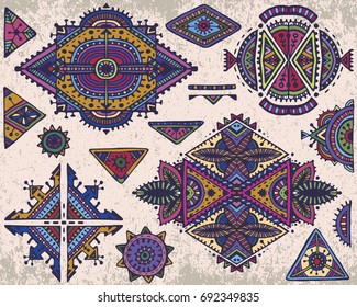 Set of vector tribal art boho hand drawn geometric pattern. Colorful vector ethnic print for fabric, cloth design, wrapping.